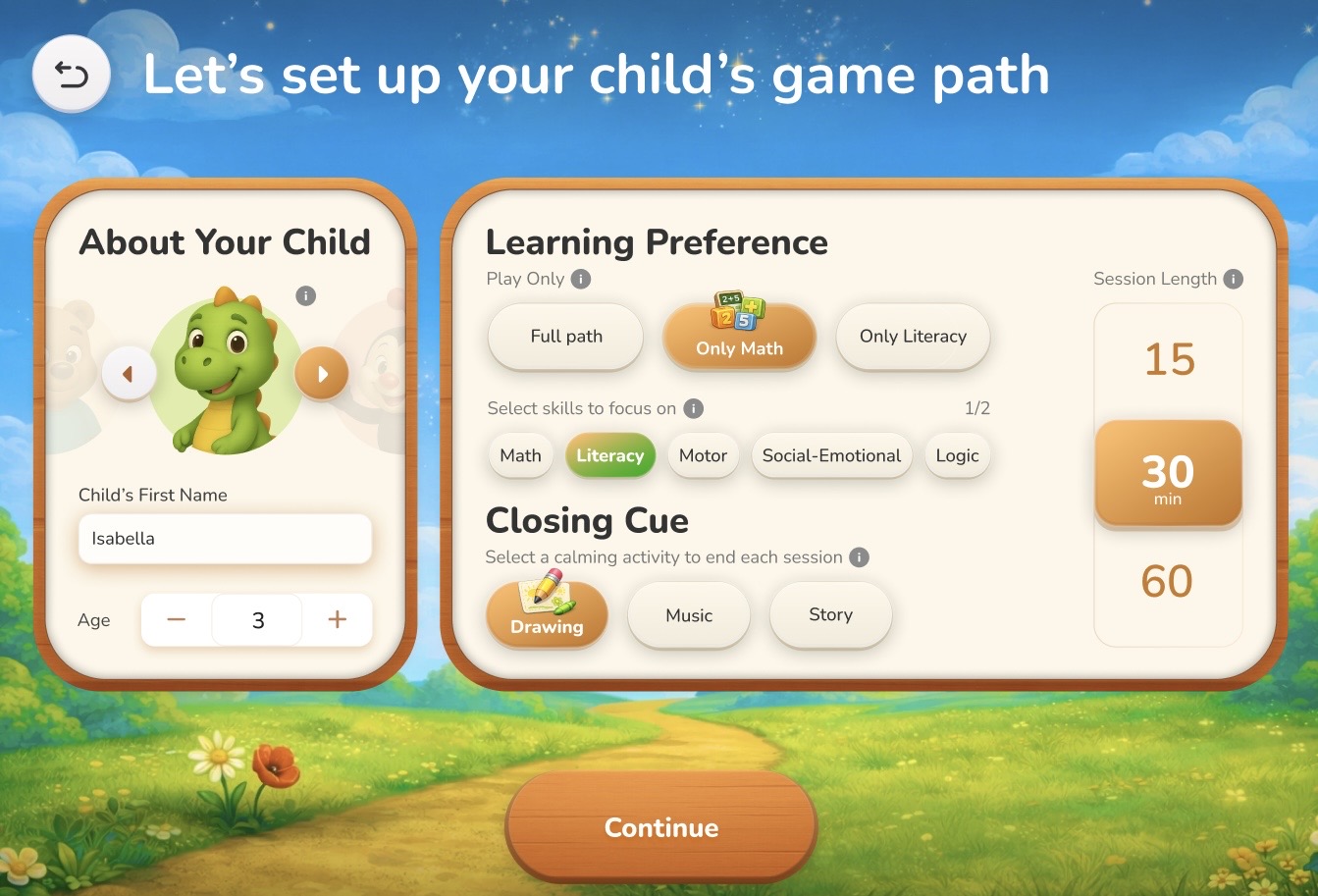 Parent setup screen: choose your child's name, age, skill focus, session length, and Closing Cue.
